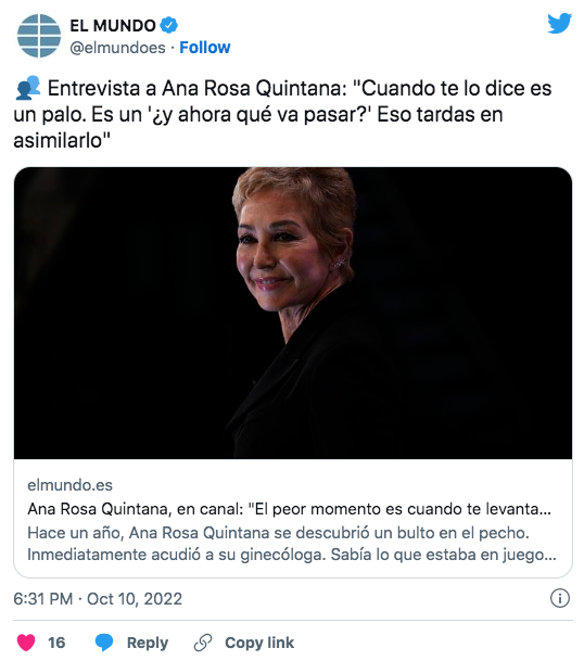 Tuit lanzado por la cuenta de el periódico El Mundo sobre la entrevista a la presentadora Ana Rosa Quintana